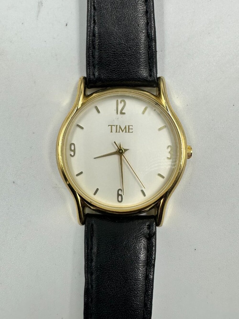 3/$30 Time Watch Men Gold Tone White Dial 30MM Black Leather Band New Battery
